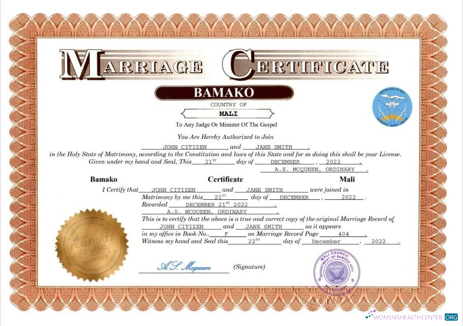 Download Mali marriage certificate Word and PDF template Photoshop template